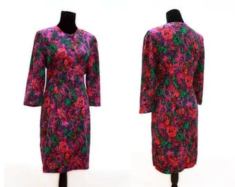 Neon Abstract Psychedelic Rose Print Shift Dress. 1980's. Vintage. By CJ Selections.