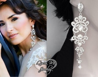 Crystal chandelier earrings, Long crystal statement earrings ~ 5"~ Sterling posts, Chandelier wedding jewelry, Brides earrings -ANGELINA