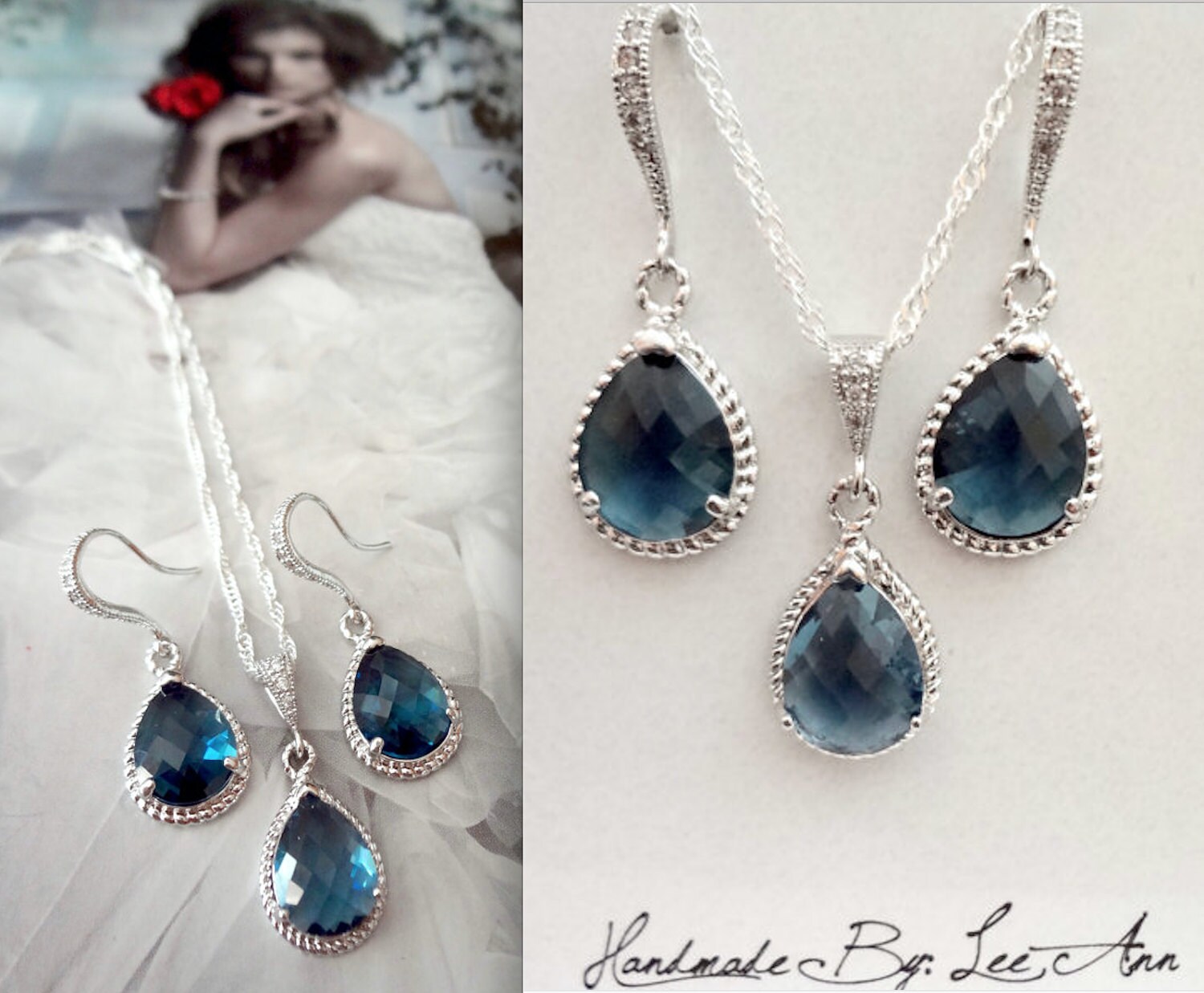 Blue sapphire jewelry set Blue sapphire teardrop necklace