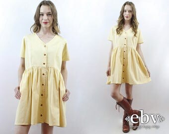 Yellow Dress 90s Babydoll Dress Summer Dress Cotton Dress Pale Yellow Dress Pastel Dress 1990s Dress 90s Dress 90s Mini Dress M L