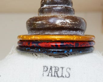 STACK OF BANGLES - Small stack of unique metal bangles - matching set of bangles in different colors - vintage hand made bangles