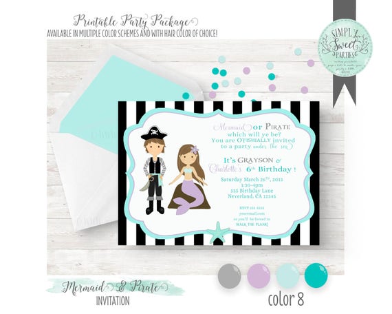 Pirate & Mermaid invitation. Printable Birthday Party PDF file 5x7 invitation. Silver Pirate Purple Mermaid. Other color schemes available Il_570xn