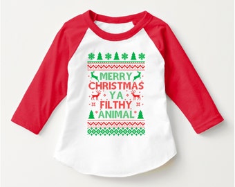 Merry Christmas Ya Filthy Animal , Home Alone shirt, Christmas UNISEX CHILD 3/4 Sleeve Raglan (SCREENPRINTED)
