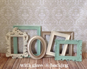 Mint PICTURE FRAMEs - gold - cream - shabby chic wedding - set of 6 -nursery - Glass N Backing