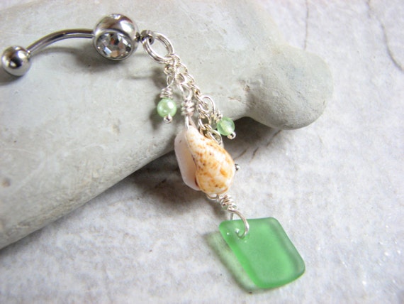 Green Sea Glass Belly Button Jewelry Long Beach Glass Belly