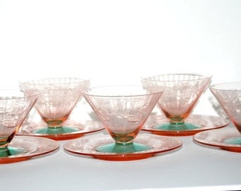 Vintage watermelon depression glass sherbets with under plates set of 5