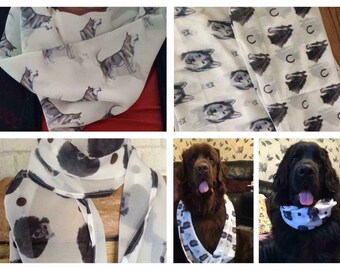 Pet portrait scarf, personalised, for pet owners , for dog owners, double dog design