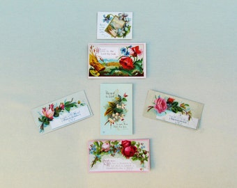 Antique small religious cards with floral designs, 6 pcs. of Victorian scrap with Bible verses and religious mottos, 1800's ephemera lot
