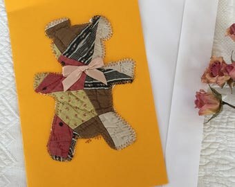 Blank Antique Quilt Teddy Bear Note Card. Teddy Bear using Antique Quilt Piece Stitched onto Blank Card Stock. One Card and Envelope.