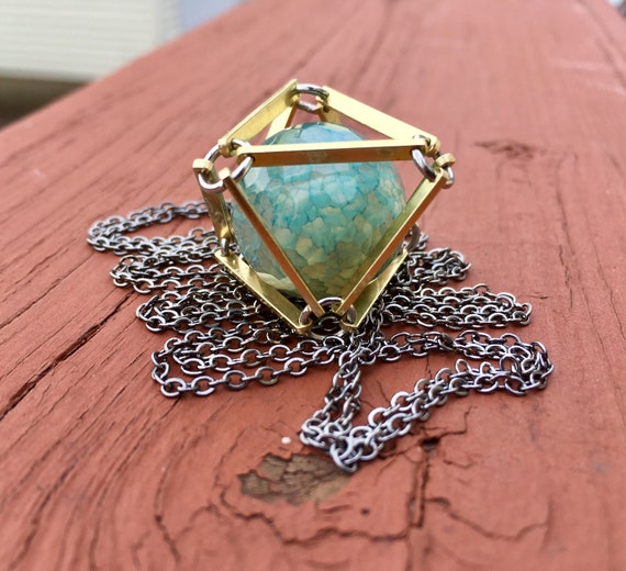 Light Blue Dragon Veins Caged In Brass Necklace