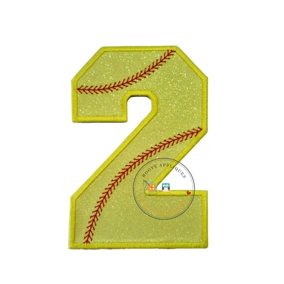 Neon yellow glitter softball iron on applique number 2 bright