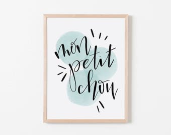 Mon Petit Chou Aqua Hand Lettered Nursery Art. My Little Cream Puff Nursery Wall Art. Nursery Prints. French Wall Art. French Nursery Art.