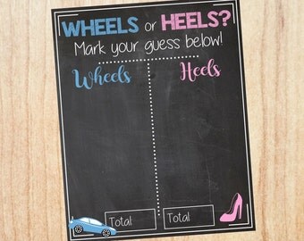 Wheels or Heels Gender Reveal Guess sign PRINTABLE baby shower chalkboard poster boy or girl