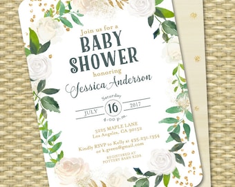 Baby Shower Invitation Printable Baby Shower Invite White Gold Cream Gold Glitter White Roses Floral Baby Sprinkle ANY EVENT