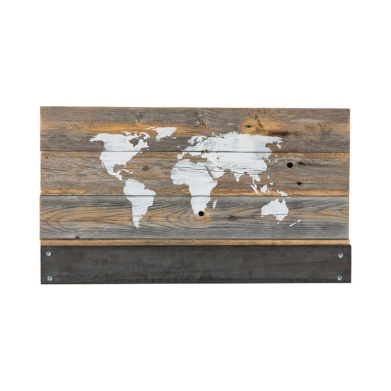 Items similar to Reclaimed Wood World Map with Metal Holder on Etsy
