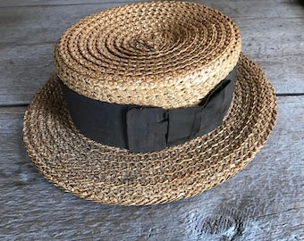 Amazing Edwardian Straw Boater Hat, Black Ribbon Bow, Antique