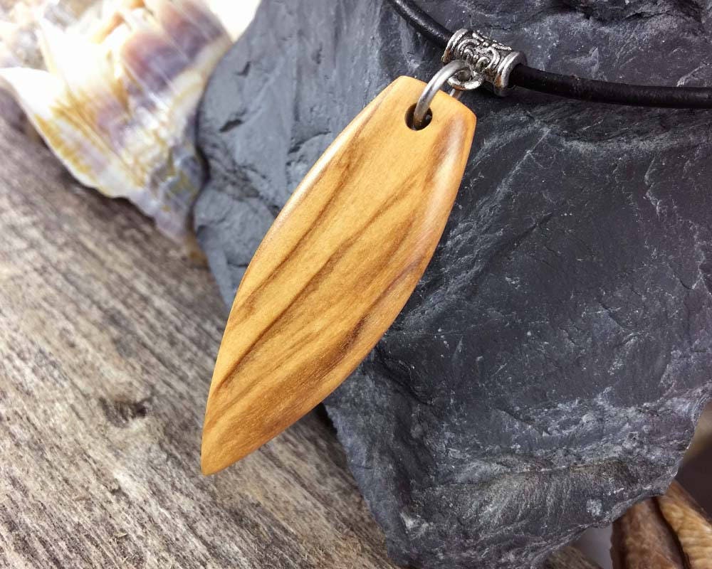Wood Surfboard Pendant Mens Leather Necklace With Wood