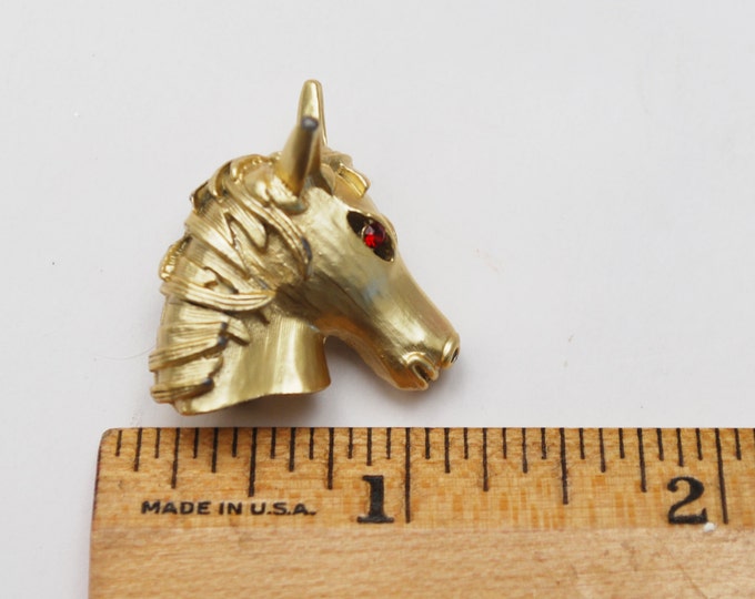 Gold Horse Head Brooch - Red rhinestone eye - Figurine - Equestrian pin