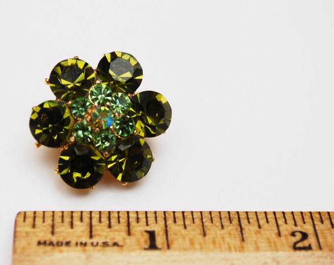 Small Green Rhinestone Flower Brooch - Olive green crystal - gold metal floral atomic scatter Pin