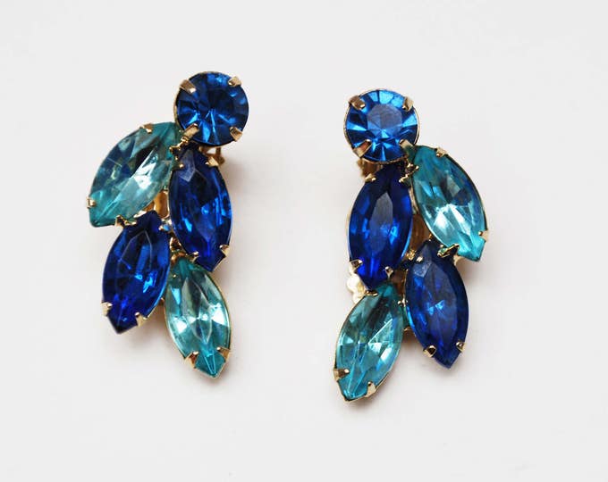 Rhinestone brooch earring set - Blue and Light blue Crystal - Gold Tone metal - Clip on earring