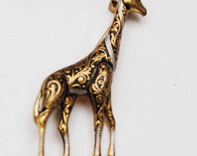 Damascene Giraffe Brooch - Signed Spain - Black Silver Gold - Enameling - Wild Animal Figurine Pin