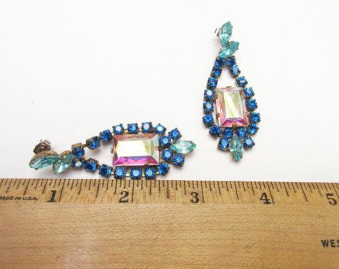 Blue Rhinestone Earrings - Czech Crystal - Chandelier Drop -Pierced Dangle earrings - Signed Husar D