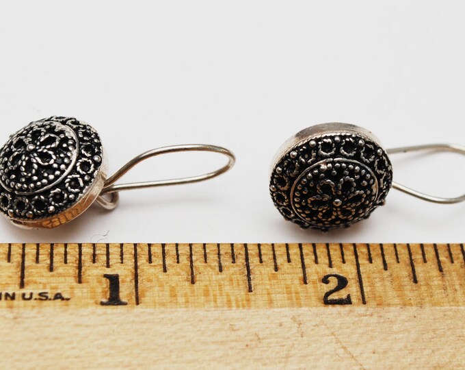 Sterling Flower Earring - Silver filigree - Signed DGS Turkey - Dangle Drop round disk Earrings