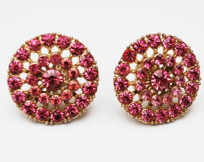 Rhinestone Coro Earrings - Pink Round - mid century - screw back Earring - Gold plated metal