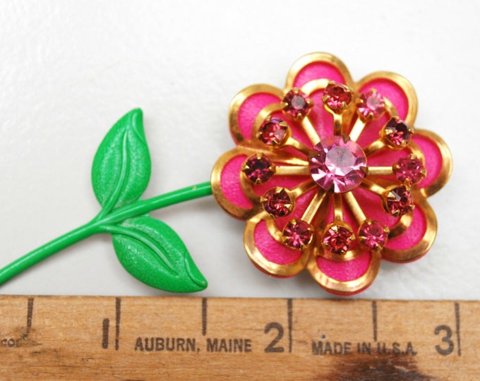 Pink Flower Brooch - Enamel flower - Rhinestone - floral Pin