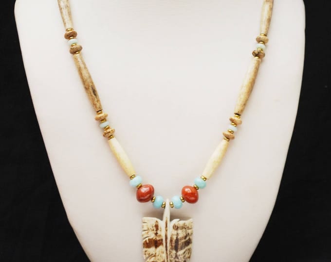 Boho Bone Feather Necklace - blue Chalcedony - Carnelian Jasper gemstone - brass gold beads