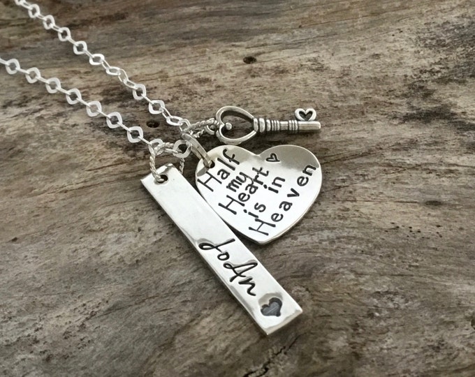 Memorial Necklace - Half My Heart is in Heaven - Sterling Silver Memorial Necklace - Remembrance Necklace - Personalized Memorial Jewelry