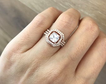 Cushion Cut Bridal Set- Bridal Engagement Ring Set- Alternative Wedding Set Ring- Square Shape Ring Set for Her- Halo Engagement Set