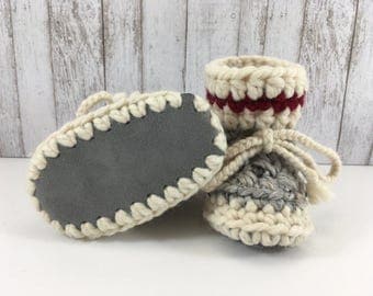 Work Sock Grey and Cream with Red Stripe BABY Toddler Child Crochet SHEEPSKIN Booties with Grey Leather Suede and Sheepskin Shearling Sole