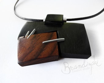 Wooden Necklace. Original Handcrafted: black ebony, rose wood, aluminum, leather cord