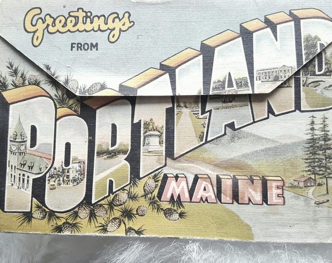 Fold Out Vintage Postcard-Greetings From Portland Maine 1945 Postmark