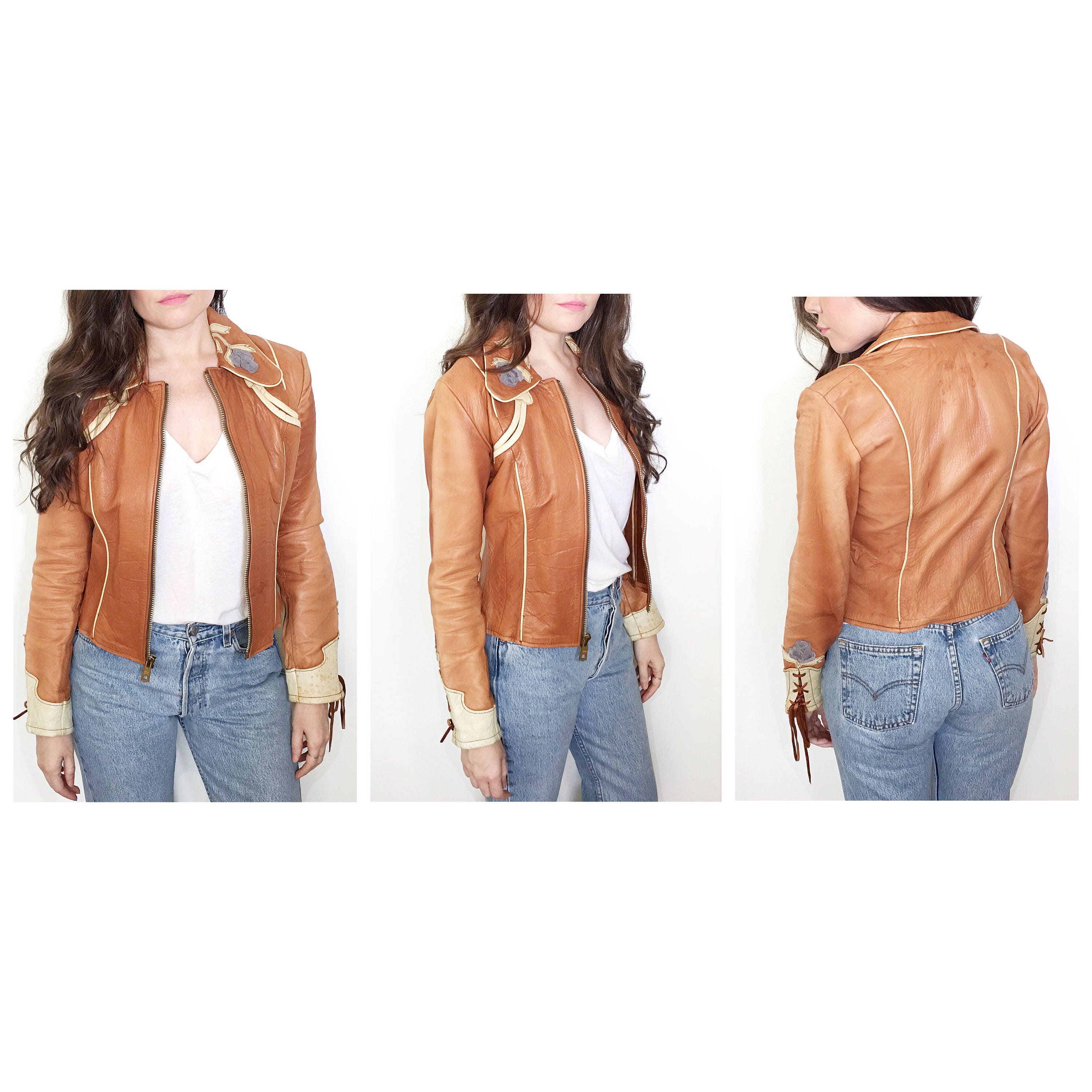 Biker Jacket Vintage 70s East West Leather Jacket Custom Brown Cropped Western Rodeo Rare Find