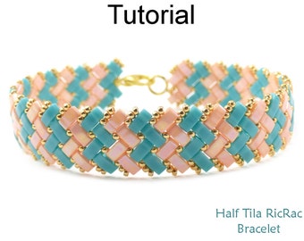 Bracelet Beading Tutorial Pattern - Miyuki Half Tila Beads - Herringbone Stitch - Simple Bead Patterns - Half Tila RicRac Bracelet #24436