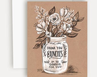 Thank You Bunches - A2 Note Card - Chalkboard Art - Thank You Card - Kraft Paper - Flower Bouquet - Illustration by Valerie McKeehan