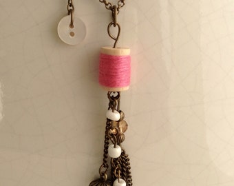 Stitches In Time Adorable Bright Pink Thread On Wooden Spool And Mother Of Pearl Button Pendant