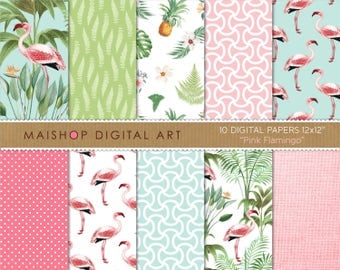 Tropical Digital Paper 'Pink Flamingo' Floral Scrapbook Backgrounds for Scrapbooking, Invitations, Stickers, Decoupage, Cards...