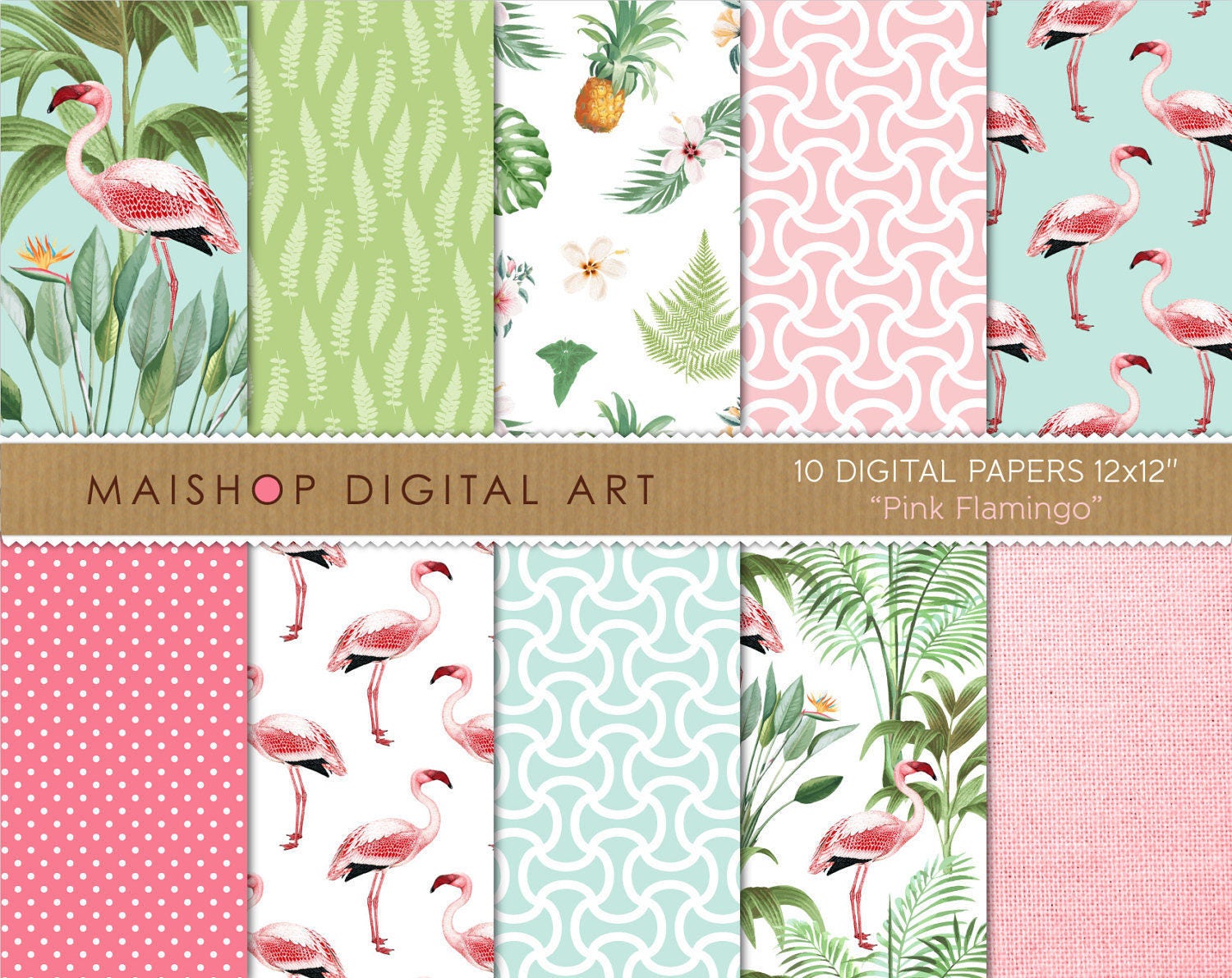 kits making decoupage card 'Pink Scrapbook Digital Floral Paper Tropical Flamingo'