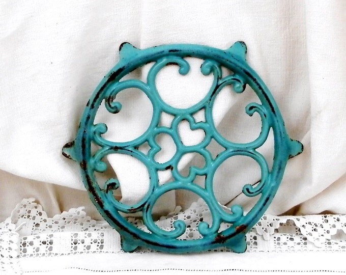 Round Antique French Cast Iron Turquoise Chippy Enamel Trivet, Hot Plate, Heat Mat, Cottage Kitchenware, French Country Decor, Kitchenware Round Antique French Cast Iron Turquoise Chippy Enamel Trivet, Hot Plate, Heat Mat, Cottage Kitchenware, French Country Decor, Kitchenware