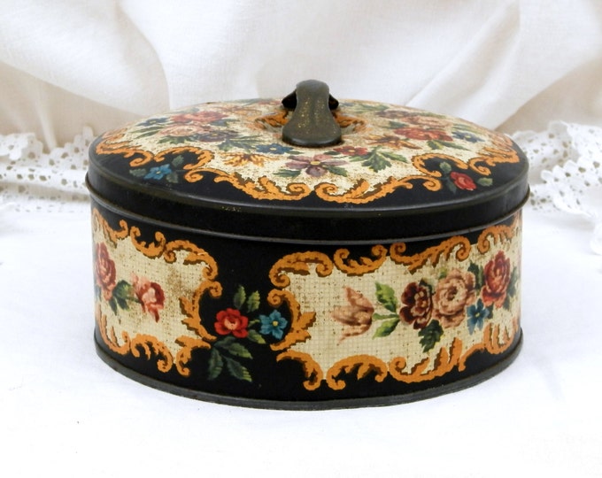 Round Vintage French Metal Cookie Tin with Floral Pattern and Handle on the Lid, Shabby, Romantic, Retro, Decor, Country, Box, 1950, 1960