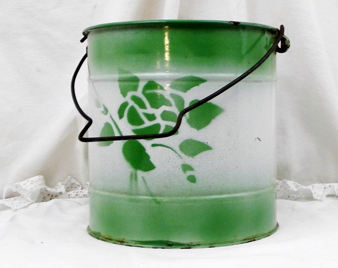 Antique French White and Green Enamel Bucket with Stenciled Rose Pattern, French Enamelware Country Decor Plant Pot, Shabby Cottage Chic