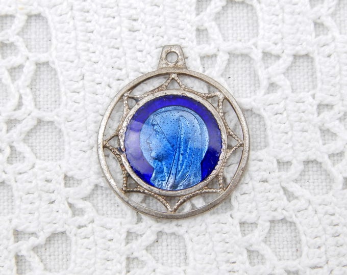 Small Vintage French Religious Silver Colored Metal and Blue Glass Enamel Medal Virgin Mary, Charm, Religion, Christian, Catholic, Madonna