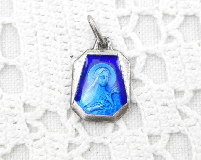 Vintage French Religious Medal of Saint Teresa Silver Alloy Blue Enamel, St Therese, Religion, Christian, Catholic, Charm, Lisieux, Normandy