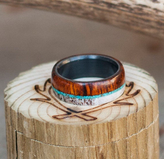 Mens Wedding Band Wood Elk Antler & Turquoise Ring Set on