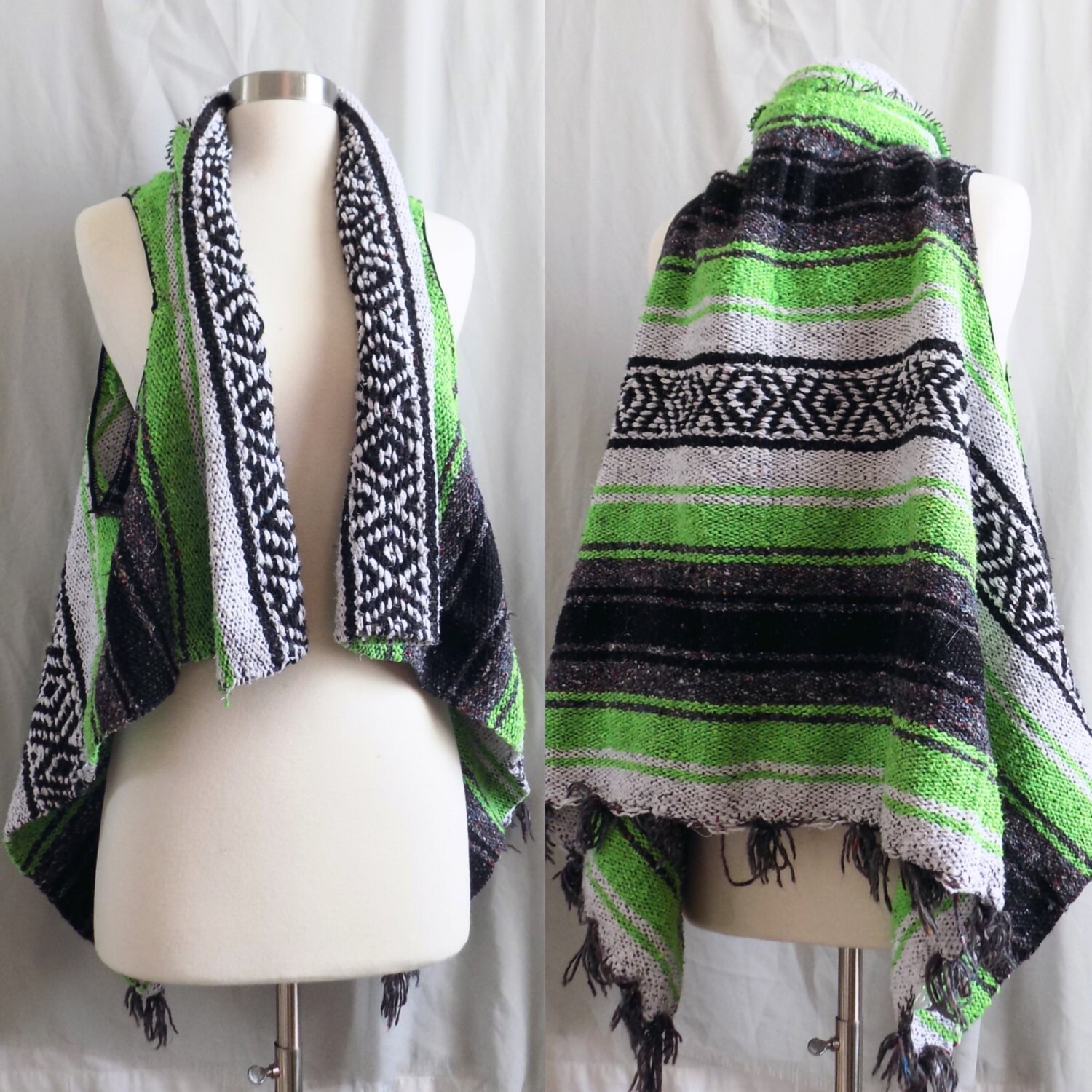 Green Fringe Vest Mexican Blanket Vest One Size Fits All