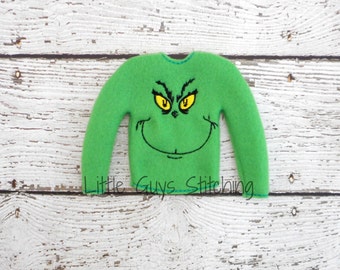 Mean One Sweater, Elf Sweater, Elf clothes, Elf attire, Christmas, Mischevious Elf, Scout Elf, Doll clothes, Doll sweater 12" doll clothes
