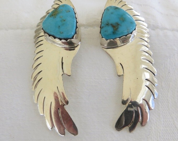 Navajo Sterling Turquoise Earrings, Signed Navajo Artisan Ronnie Hurley, Native American Jewelry, Pierced Earrings